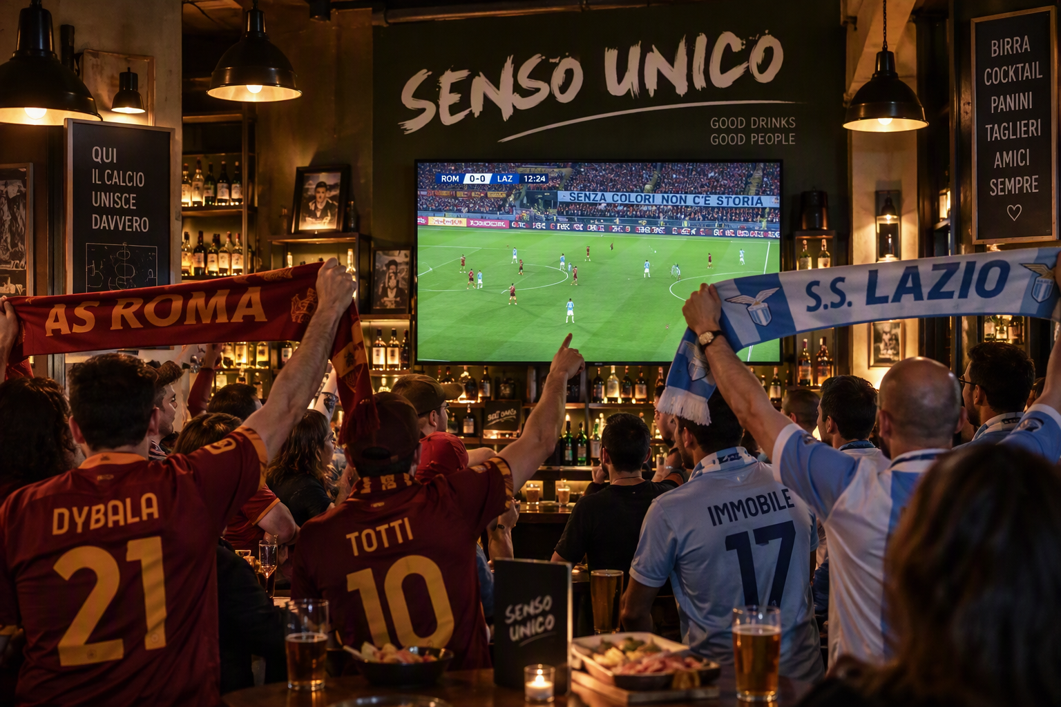 Tifosi di Roma e Lazio guardano la partita al pub